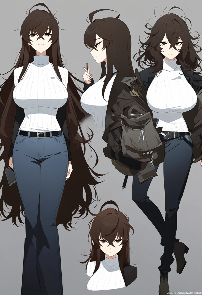 One Woman,Downer,older sister,Concept Art,Dark brown hair,Straight hair with slight inward curls,Staring eyes,Eye Ridge,black eye,Crossed bangs,whole body,smile,Larger breasts,Gray background,Bangs that reach down to the eyes,Messy hair,Perfect dark jeans,White turtleneck sweater,Multiple views of the same character,Character Design,Dark circles under the eyes,Bad look,Listless,Sloppy,accessories,Arknights Wind,Cafe staff,Holding a cigarette,whole bodyCharacter Design,