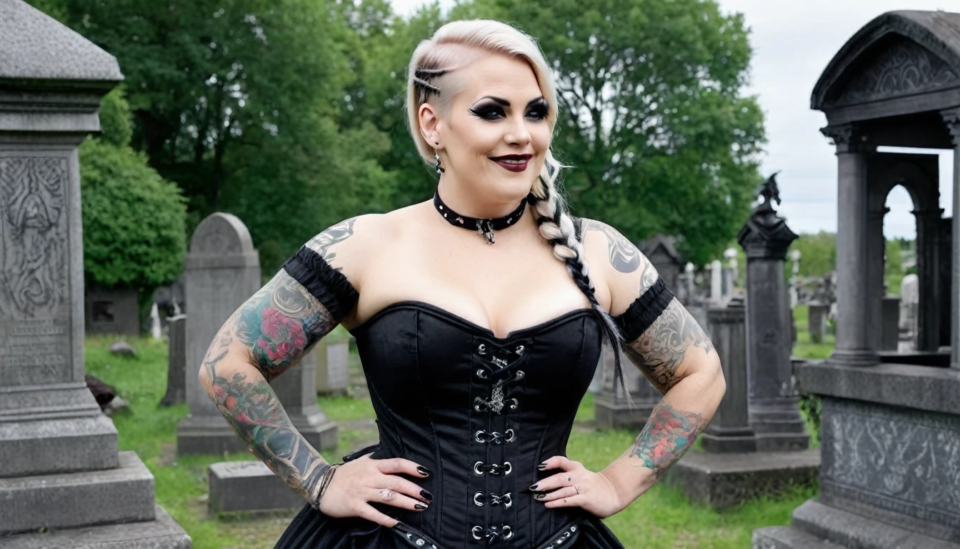 Foto of a (chubby) but muscular scandinavian woman, (Ingrid Mueller) 35 years old, blonde hair now black dyed hair ,sidecut and braided hairstyle, nordic tattoos. wearing goth outfit. black viktorian dress and corset. goth make-up. smiling. posing for a foto shooting at a old cementry full body shot. masterpiece 4k high detailed, high quality