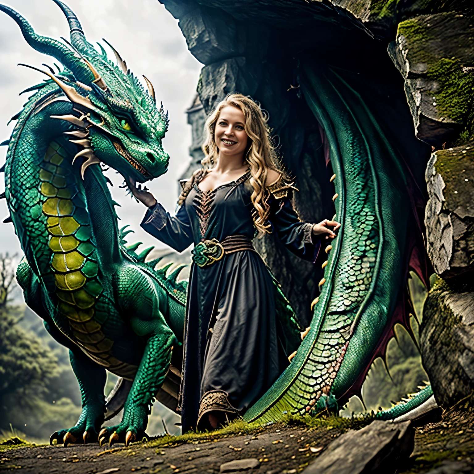 Das Bild zeigt eine Frau und einen Drachen, the woman is a 22 year old woman, (she stands next to a mighty green dragon:1.5), (der Drache liegt auf dem Boden vor einer Burgruine), she wears medieval fantasy clothing, kriegerische Pose, ein Schwert in der Hand, der Darche und sie schauen geradeaus, the scene is dark, Birds and other kites fly in the sky, She has beautiful shoulder-length blonde hair, (gelbbraune blonde Haare), (blonde kleine Augenbrauen), bright grey-green eyes with great details, glattes haar, (eckiges Gesicht: 1.3), (langes Gesicht: 1.4), pretty face, (Best quality:1.4), (Ultra Highres:1.2), (fotorealistisch:1.4), (8k, RAW-Foto:1.2), lebendige Farben, bunt, hell, bokeh, Frühlingsfarben, Happy, smiling, (hole body: 1.7), Foto aus der Ferne, (Distanzschuss: 1.8), the dragon has big claws, die Schwingen sind nach hinten angelegt, die Augen leuchtend gelb