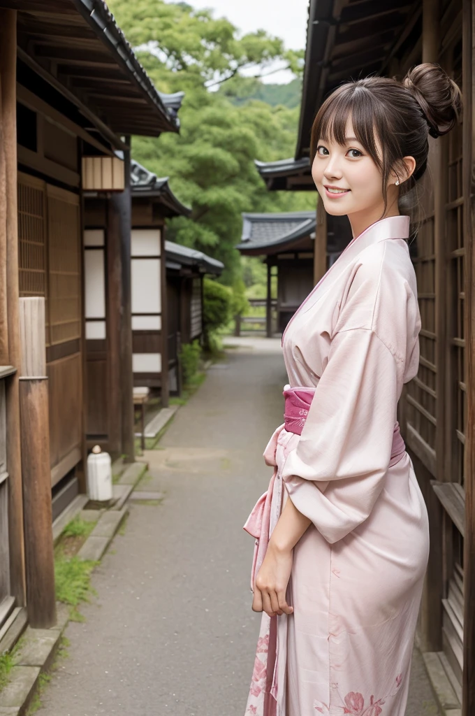 nsfw,Japanese women、26 years old、(naked)、princess、Hairpin、Bun Head、Beautiful nipples、Pink kimono、Brown Hair、ponytail、bangs、(RAW shooting, Photorealistic:1.5, 8k, highest quality, masterpiece, Ultra-high resolution), ((The background is the streetscape of the Edo period.、Old house))、Farmer、Rural Scenery、countryside、Highly detailed skin and facial textures:1.2, Cute like an idol、aesthetic, Cute and sexy beauty, Perfect Style:1.2, Fair skin, Very beautiful face, Glowing White Skin, (Mid-chest)、Dutch Angle、Low - Angle、Shooting from the side、smile、Walking、