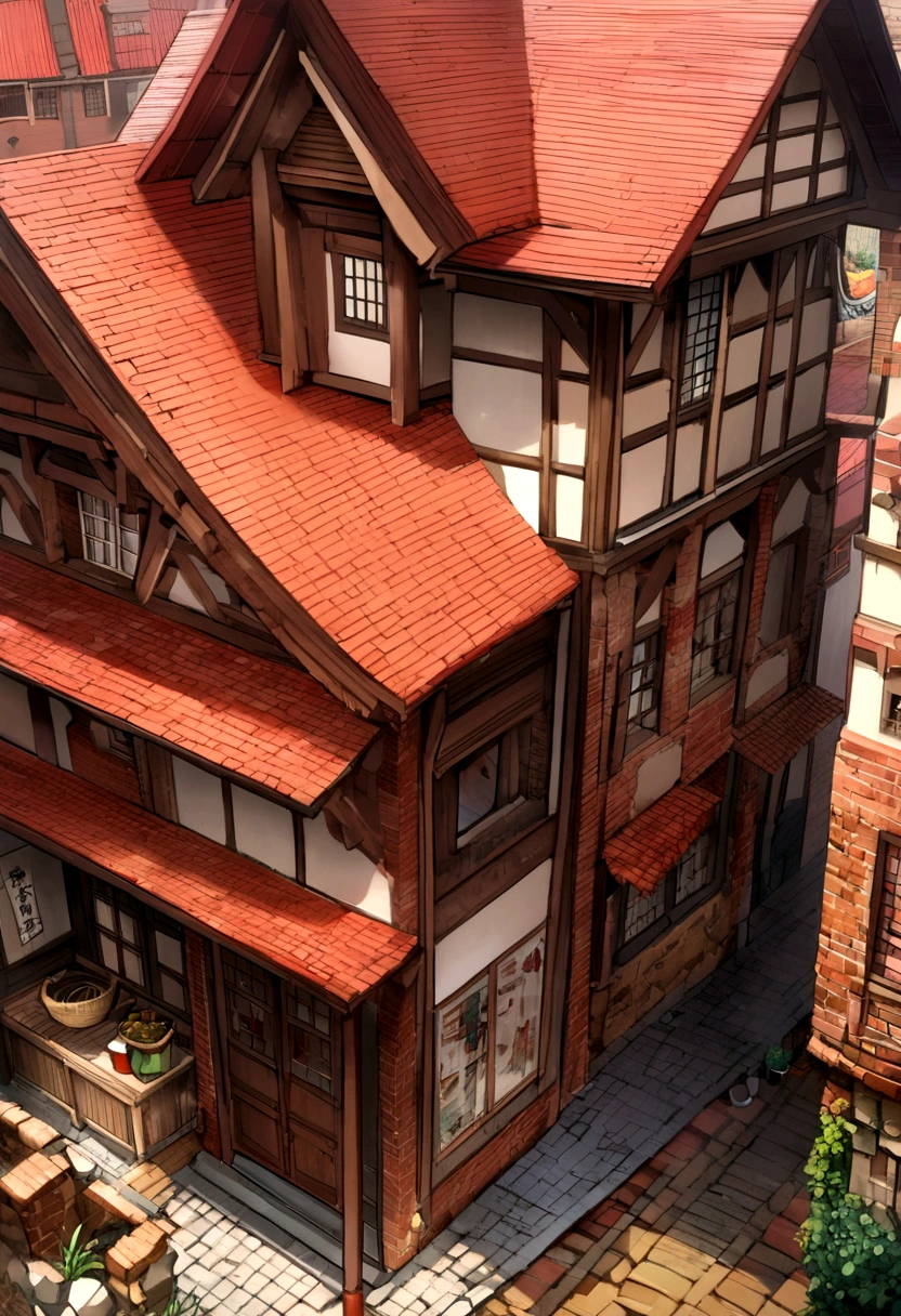 Close-up of a building with a sign, red bricks, Red Building, mud and brick houses ),brick,  red roof，紅brick屋