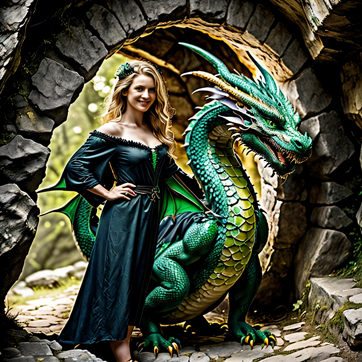 Das Bild zeigt eine Frau und einen Drachen, the woman is a 22 year old woman, (she stands next to a mighty green dragon:1.5), (der Drache liegt auf dem Boden vor einer Burgruine), she wears medieval fantasy clothing, kriegerische Pose, ein Schwert in der Hand, der Darche und sie schauen geradeaus, the scene is dark, Birds and other kites fly in the sky, She has beautiful shoulder-length blonde hair, (gelbbraune blonde Haare), (blonde kleine Augenbrauen), bright grey-green eyes with great details, glattes haar, (eckiges Gesicht: 1.3), (langes Gesicht: 1.4), pretty face, (Best quality:1.4), (Ultra Highres:1.2), (fotorealistisch:1.4), (8k, RAW-Foto:1.2), lebendige Farben, bunt, hell, bokeh, Frühlingsfarben, Happy, smiling, (hole body: 1.7), Foto aus der Ferne, (Distanzschuss: 1.8), the dragon has big claws, die Schwingen sind nach hinten angelegt, die Augen leuchtend gelb