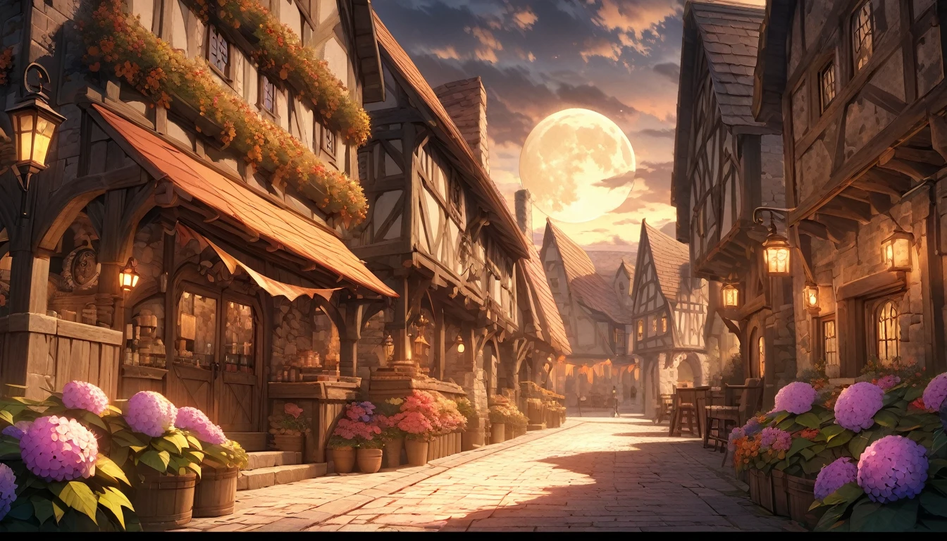 masterpiece, 最high quality, high quality, Very detailed CG 8k wallpaper unit, landscape, Outdoor, Line up, Medieval Tavern, autumn sky, Autumn evening, Autumn and Winter, cloudy day, The big moon shines, Award-winning photography, Depth of written boundary, High Dynamic Range, Flowers, squirt, Hydrangea, real, Very detailed, Complex, High detail, dramatic, Art to enjoy on the go,  Art Station Trends, Social trends in CG, Color Difference.