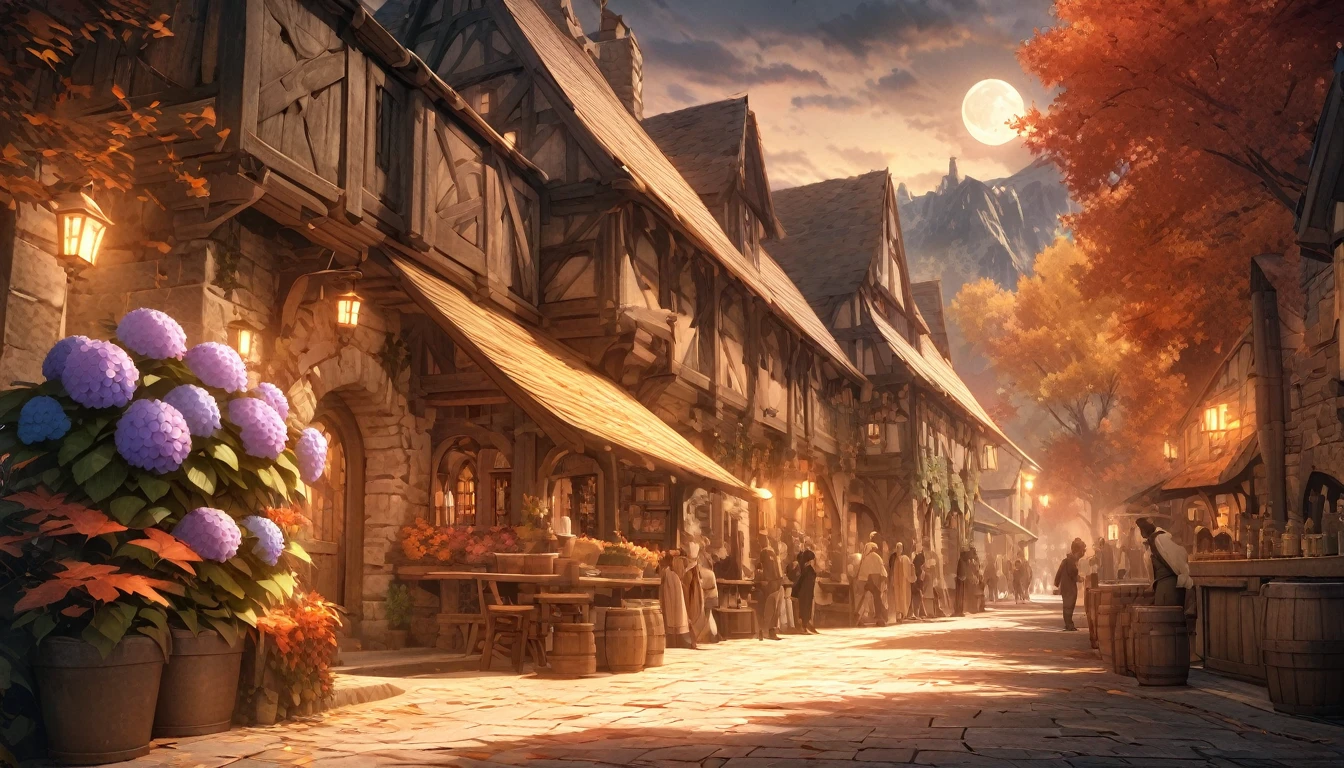 masterpiece, 最high quality, high quality, Very detailed CG 8k wallpaper unit, landscape, Outdoor, Line up, Medieval Tavern, autumn sky, Autumn evening, Autumn and Winter, cloudy day, The big moon shines, Award-winning photography, Depth of written boundary, High Dynamic Range, Flowers, squirt, Hydrangea, real, Very detailed, Complex, High detail, dramatic, Art to enjoy on the go, Art Station Trends, Social trends in CG, Color Difference.