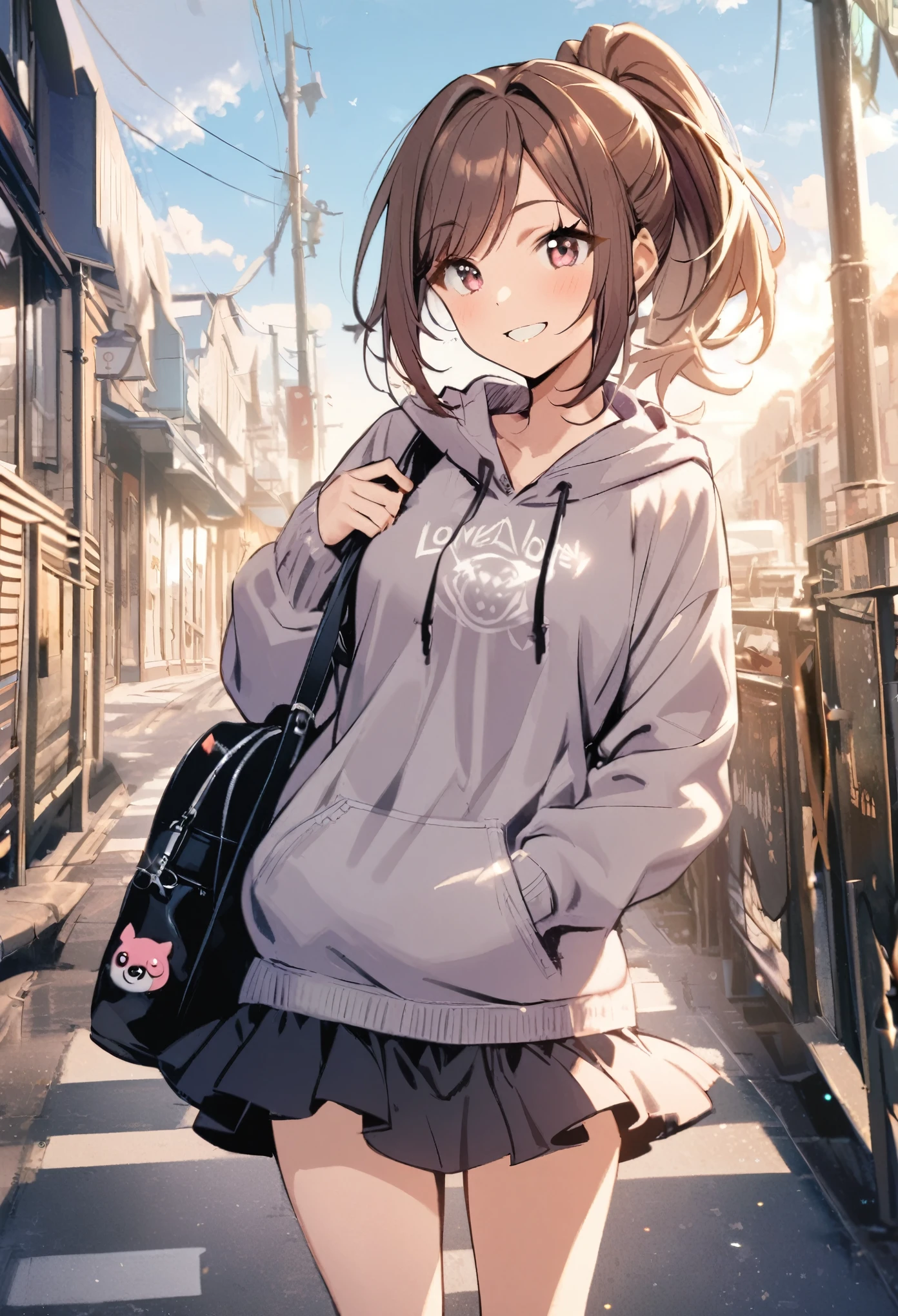 1 girl, stylish, ponytail, hoodie, skirt, smile, lovey-dovey