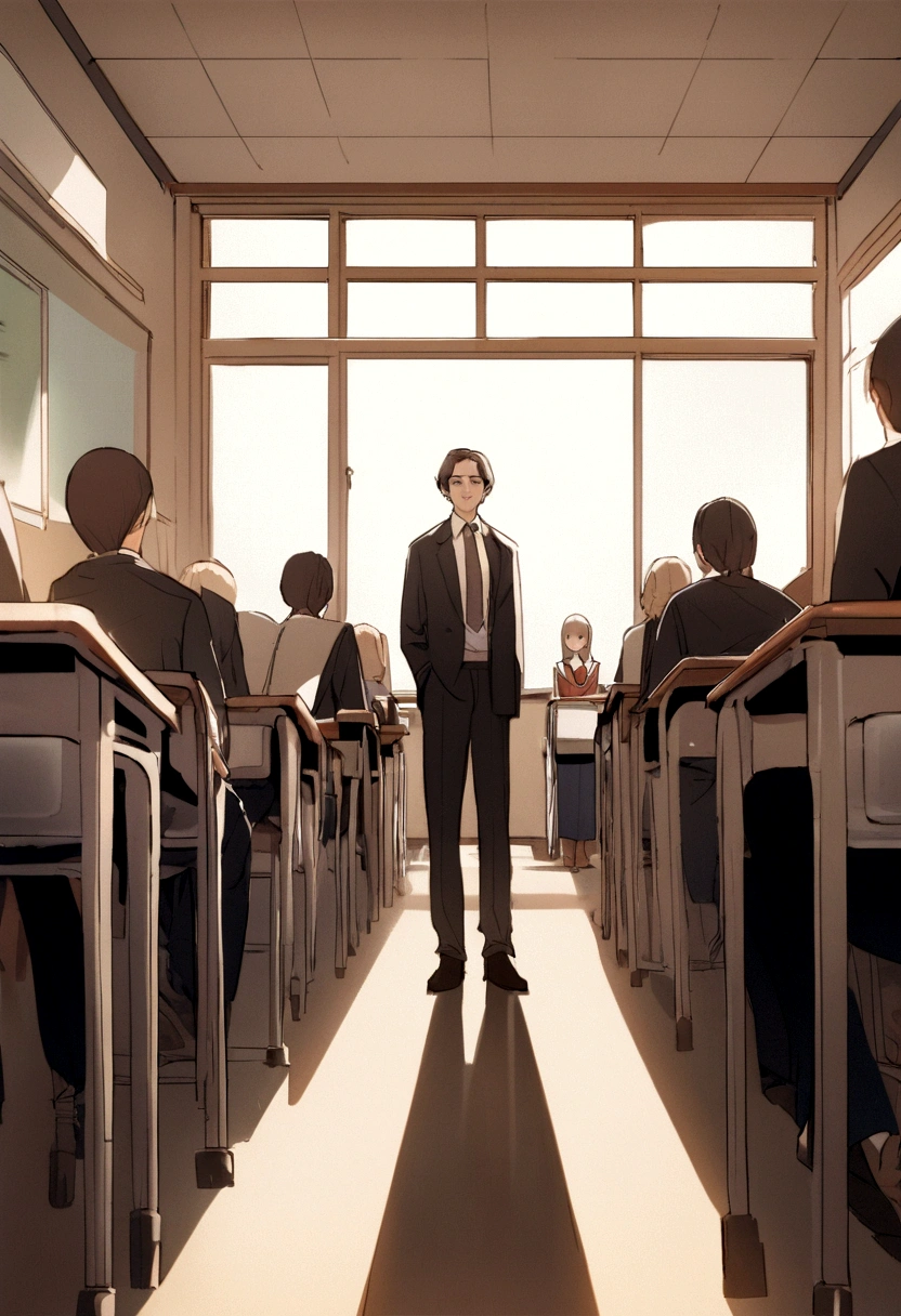 Start with an image of a classroom scene with a teacher standing in front of the class.