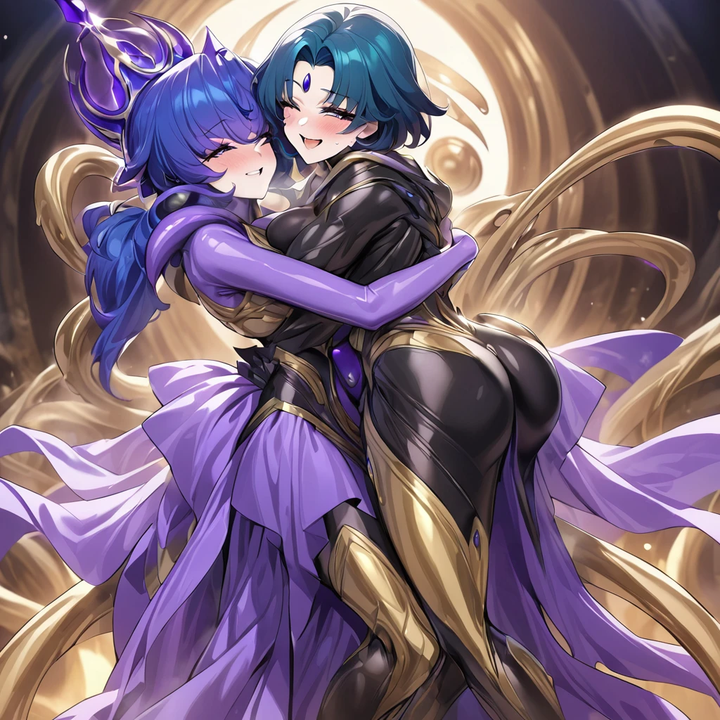 ((highest quality)), ((masterpiece)), (detailed), (Perfect Face)、The woman is an alien named Mercury, wearing a gorgeous alien dress decorated in purple and black with gold, with short blue hair and a completely alien body.、The woman is happily embracing and having with the powerful alien king.