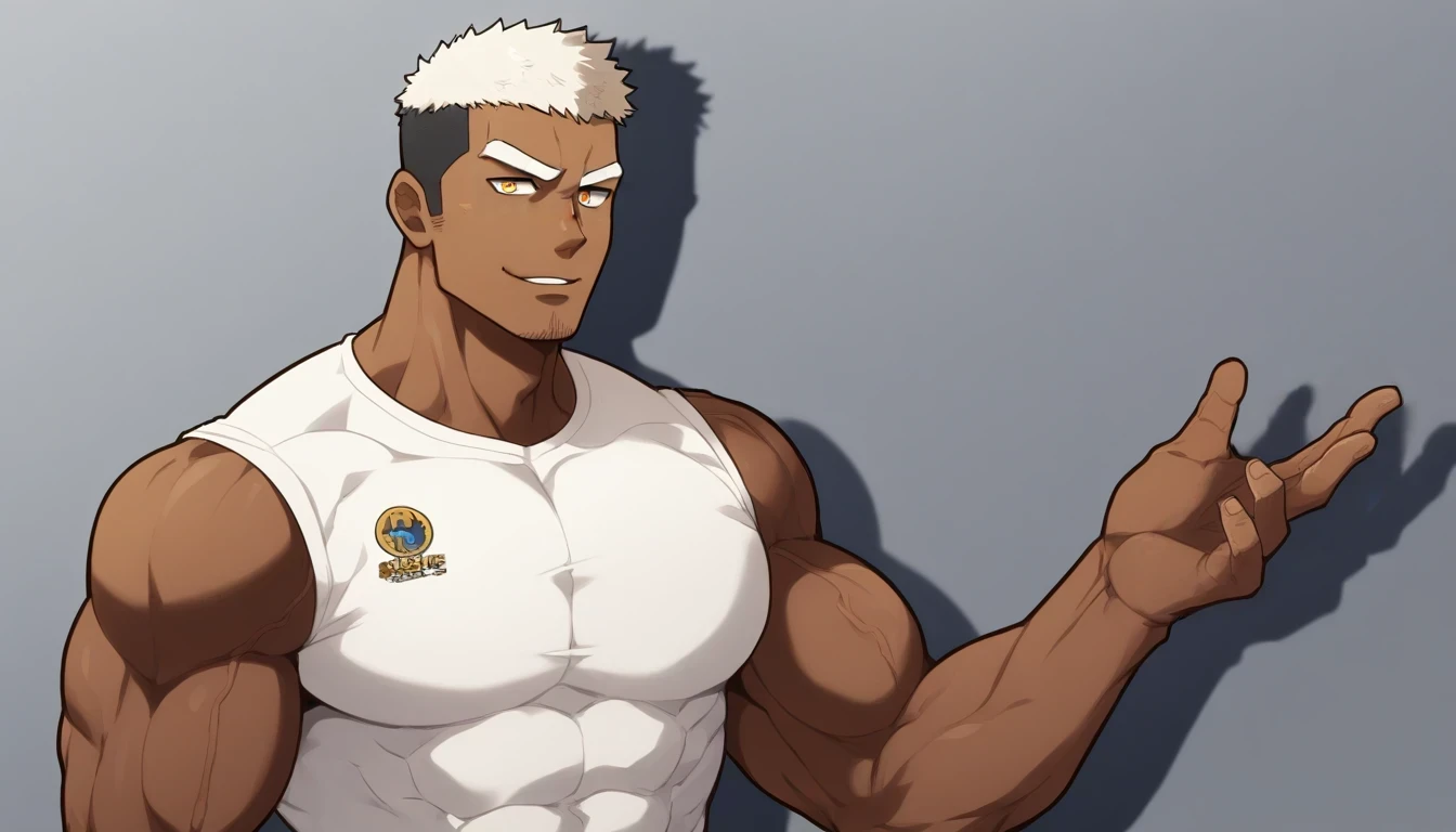 negro,negro,negro,anime characters:Gyee, Fitness coach, negro black skin, 1 muscular tough guy, Manliness, male focus, Cream White Sleeveless Tight T-Shirt, Very tight, The pectoral muscles are oversized, Slightly transparent, muscular male, muscular, only, Upper body, alone, White short hair, Thick eyebrows, stubble, Yellow eyes, Grey background, simple background, amazing quality, best aesthetics, Ridiculous, bright pupils, crew cut, parted lips, seductive smile, torogao, naughty face, drop shadow, best quality