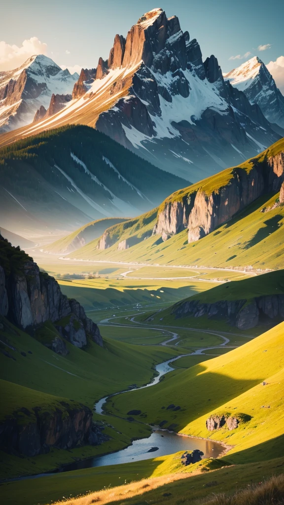 High quality detailed image, a landscape image, green grass, golden hour sun setting in front, mountains far away, beautiful heavenly image.