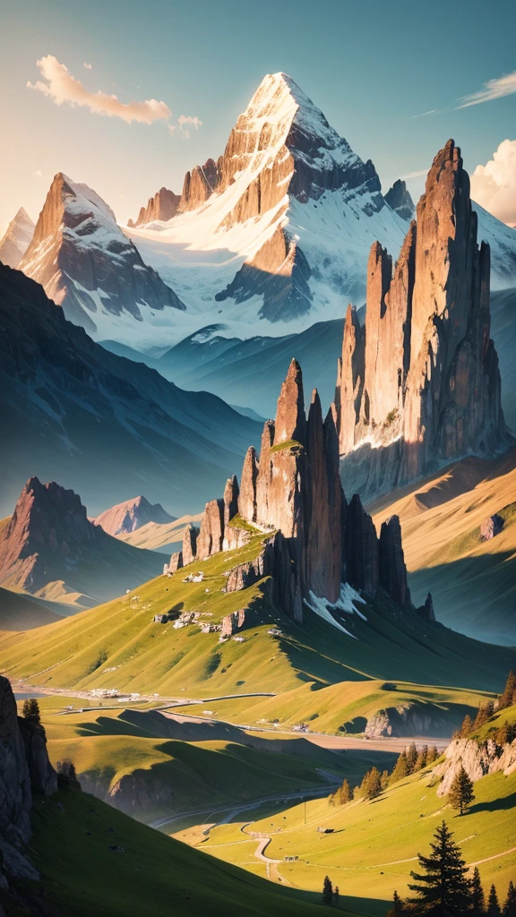 High quality detailed image, a landscape image, green grass, golden hour sun setting in front, mountains far away, beautiful heavenly image.