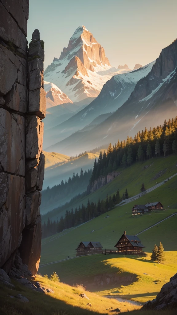 High quality detailed image, a landscape image, green grass, golden hour sun setting in front, mountains far away, beautiful heavenly image.