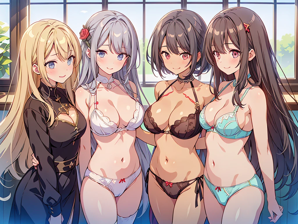 ((((Multiple characters from the harem were depicted with smiles))))、middle ages、Masterpiece illustrations with the highest image quality and ultra-high resolution、(4 beautiful women)、((Fine grain))、Troubled face、blush、(Seduce), Umbilical cord prolapse、Front hook bra, Thighs, Cleavage, (Special twine panties:1.3),((Angle from the front))