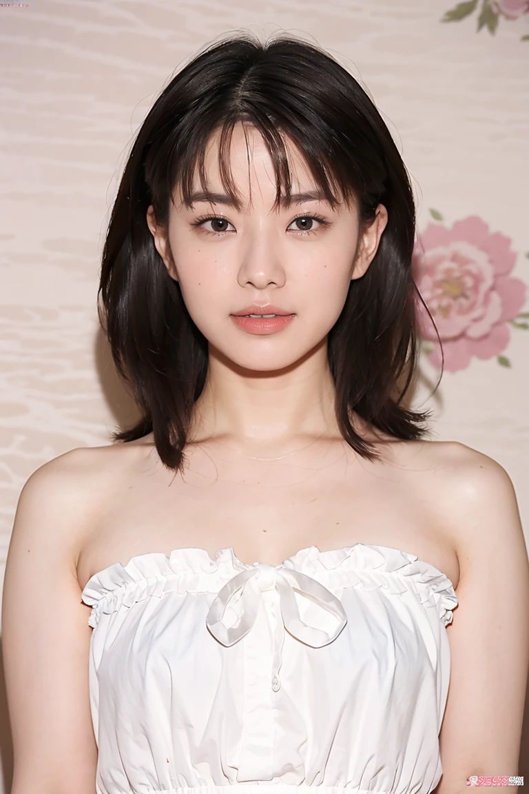 Medium Size Display, Medium Shot, Written boundary depth, bust, Upper Body, Movie angle, masterpiece, highest quality, Very detailed, CG, 8k wallpaper, Beautiful Face, Delicate eyes, alone, smile, cute、Pink Dress、Floral Background