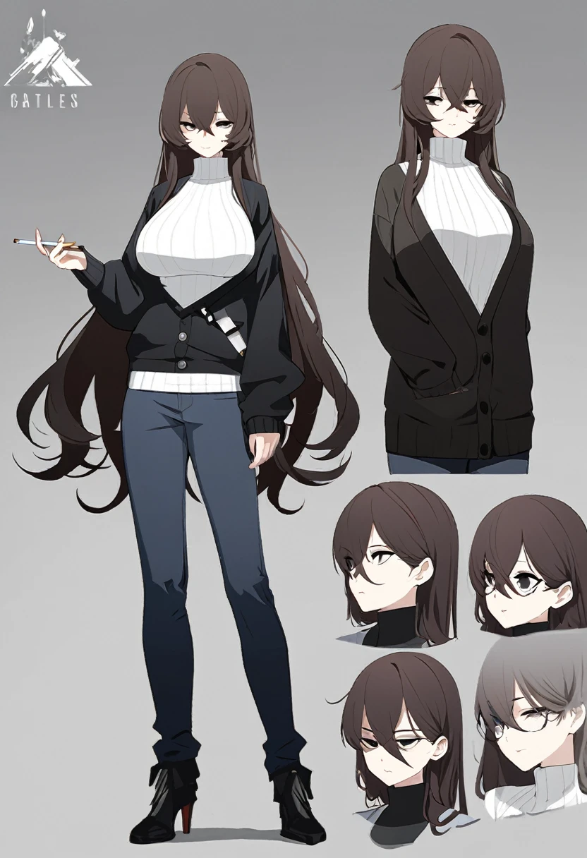 One Woman,Downer,older sister,Concept Art,Dark brown hair,Straight hair with slight inward curls,Staring eyes,Eye Ridge,black eye,Crossed bangs,whole body,smile,Larger breasts,Gray background,Bangs that reach down to the eyes,Messy hair,Perfect dark jeans,White turtleneck sweater,Multiple views of the same character,Character Design,Dark circles under the eyes,Bad look,Listless,Sloppy,accessories,Arknights Wind,Cafe staff,Holding a cigarette,whole bodyCharacter Design,cardigan,