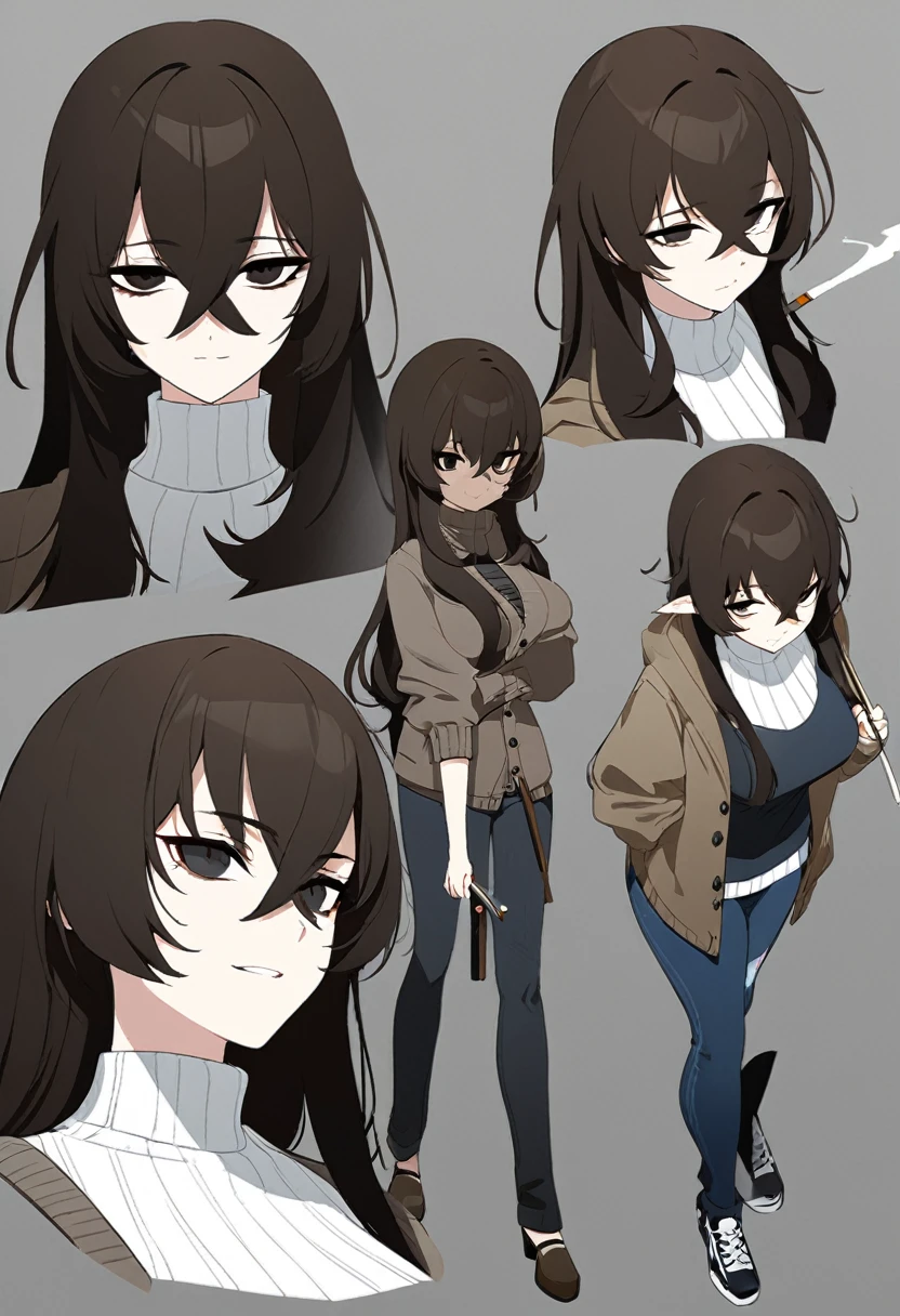 One Woman,Downer,older sister,Concept Art,Dark brown hair,Straight hair with slight inward curls,Staring eyes,Eye Ridge,black eye,Crossed bangs,whole body,smile,Larger breasts,Gray background,Bangs that reach down to the eyes,Messy hair,Perfect dark jeans,White turtleneck sweater,Multiple views of the same character,Character Design,Dark circles under the eyes,Bad look,Listless,Sloppy,accessories,Arknights Wind,Cafe staff,Holding a cigarette,whole bodyCharacter Design,cardigan,