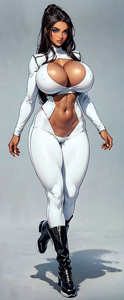 women ,brown skin,black long hair, dark brown eyes, white tight bodysuit, big breast, white Trousers,walking