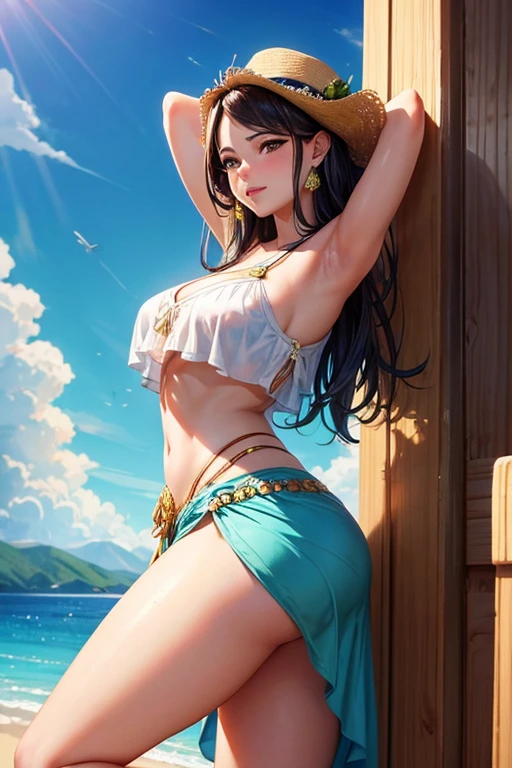 ((Best quality, 8k, Masterpiece :1.3)), A pretty 1woman with perfect figure :1.4, Slender abs :1.3, ((light brown hair, realistic big breasts :1.2)), (wearing flower micro bikini:1.5), (Lying on hammock, Hammock, At the beach:1.2), Highly detailed face and skin texture, Detailed eyes, Double eyelid.