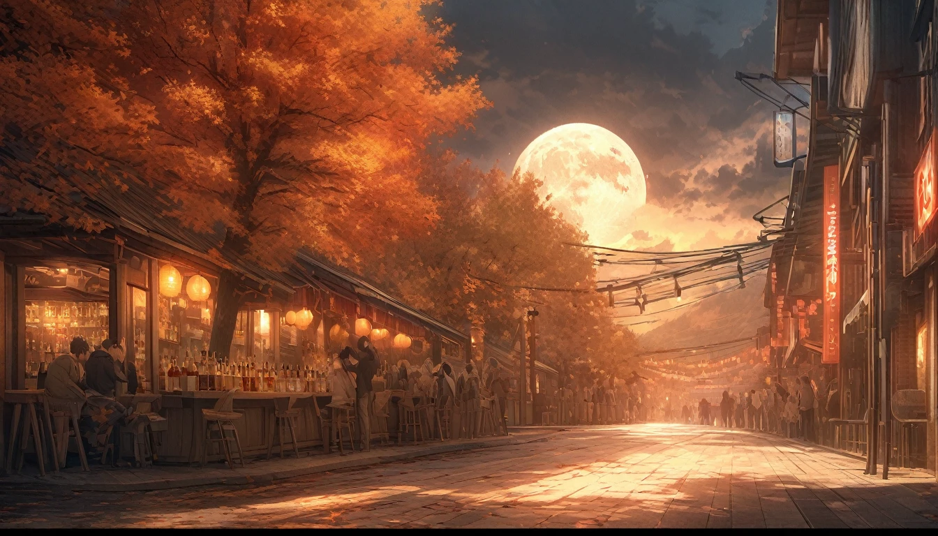 masterpiece, 最high quality, high quality, Very detailed CG 8k wallpaper unit, landscape, Outdoor, Line up, 中世の居liquor屋, autumn sky, Autumn evening, Autumn and Winter, cloudy day, The big moon shines, Award-winning photography, Depth of written boundary, High Dynamic Range, おliquorを飲む, 居liquor屋, liquor, real, Very detailed, Complex, High detail, dramatic, Art to enjoy on the go, Art Station Trends, Social trends in CG, Color Difference.festival