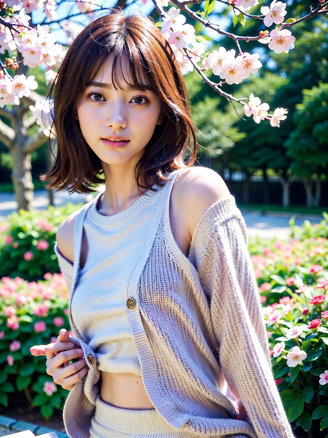 (super highest quality:1.3) (very realistic, Photoreal:1.3), (sharp focus:1.3) Pure　Pure　bright spring sunshine　Three-dimensional　Beautiful gradation　  A gentle smile that looks fun　very high quality and stylish　see through bang　　classy and intelligent　neat and stylish　excellent education　Women's Fashion Magazine　model　　 (Realistic and very high quality:1.3). (High resolution/High resolution:1.3)　　table top, very delicate and beautiful, soft light, (brown hair, Straight shoulder-length bob hair fluttering in the wind), beautiful detailed girl, highly detailed eyes and face, beautifully detailed nose, thin and beautiful eyes, 1 girl, Japanese, Pure beauty, cute, young, very stylish　　Spring Sweater　very stylish　supported by women　trend fashion　, (medium breasts), realistic face, realistic body, Cherry blossom background