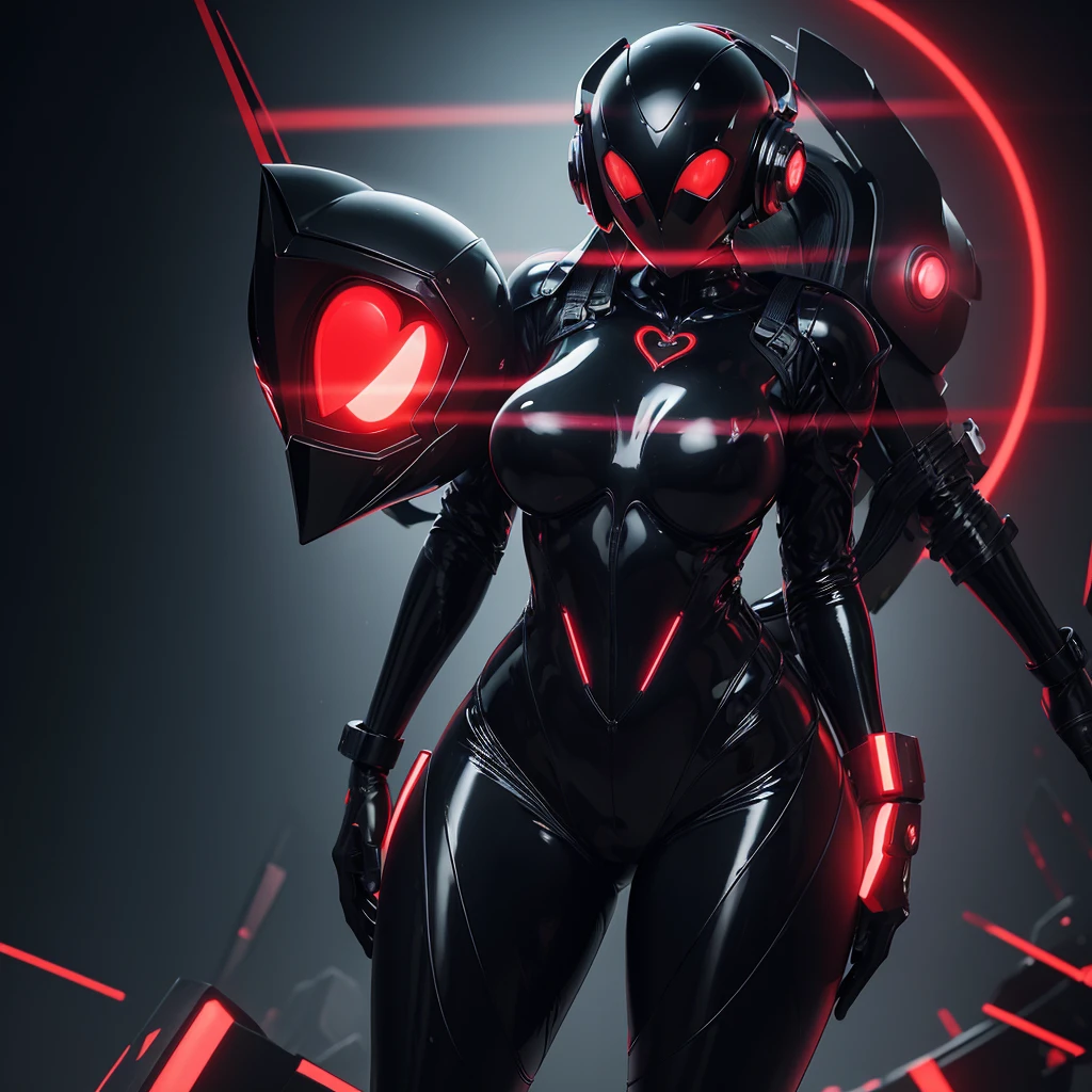 Dronificated unknown woman in a fully enclosed black latex fullbody suit with red lights across the suit and heart shaped glowing core in the chest, fully enclosed cyber helmet that cover her whole face and hides her identity with only two glowing red lines in it's otherwise, empty black face, huge breast, narrow waist, wide hips and thick thigs in a storage, no face, no hair, no mouth, no eyes