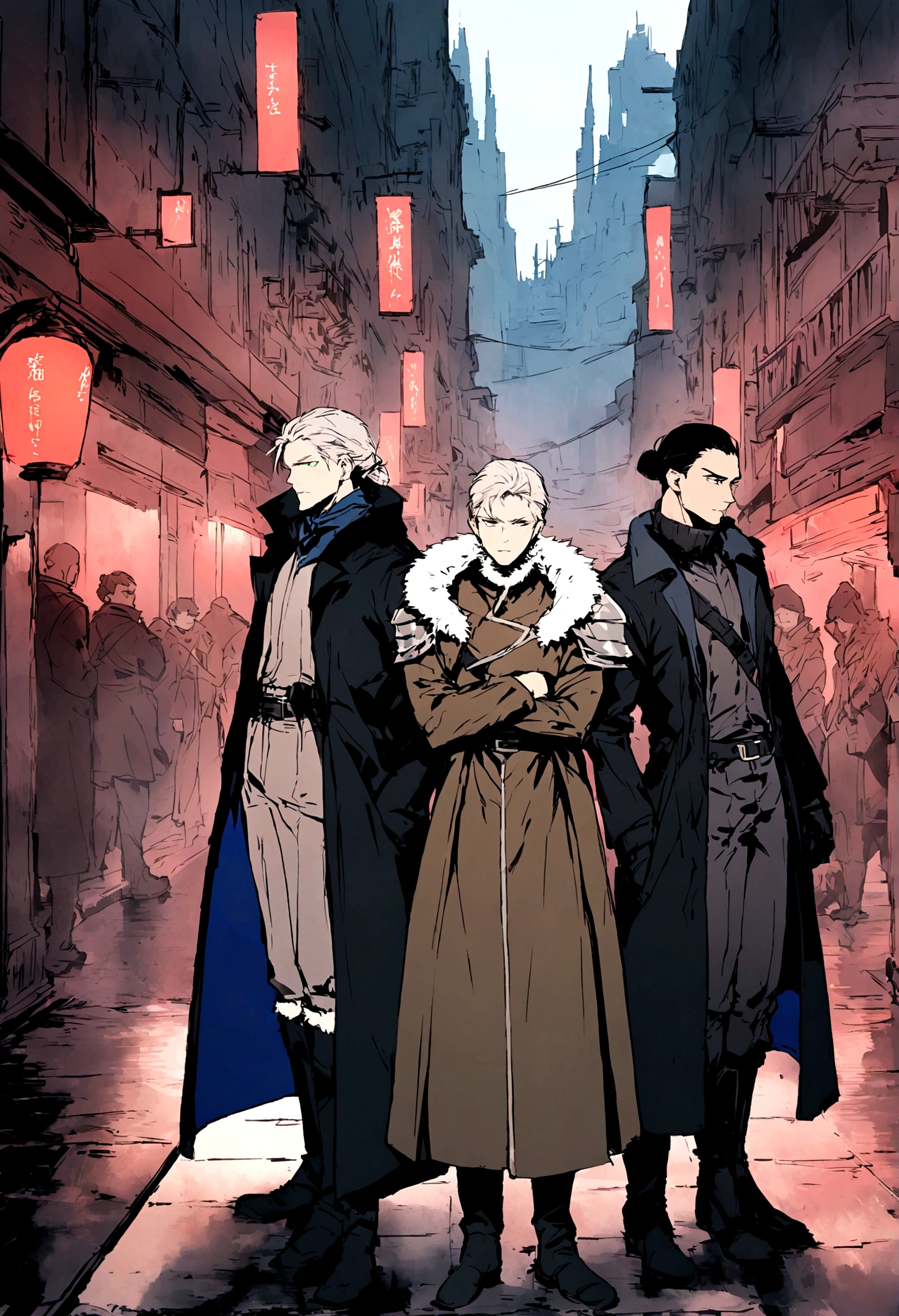 Illustration of three men standing side by side in a winter street setting. All are wearing dark coats with fur-trimmed collars and boots, with a Final Fantasy 15 aesthetic. The man in the middle has an armored pauldron on his shoulder, a brown undercut hairstyle, and green eyes. He is wearing a black coat with a fur-lined collar, and he is a younger man with no facial hair. The man on the left has black hair in a loose man-bun hairstyle, with one eye covered by his hair, and his head is bowed. He has his arms crossed. The man on the right has white hair, a fur-trimmed collar, a serious expression, and some wrinkles. His head is slightly bowed. The characters have realistic clothing with no random artifacting or random buckles, and no random colors. The overall scene exudes a stylish and enigmatic vibe. Add_detail:1, add_detail:0, add_detail:0.5.
