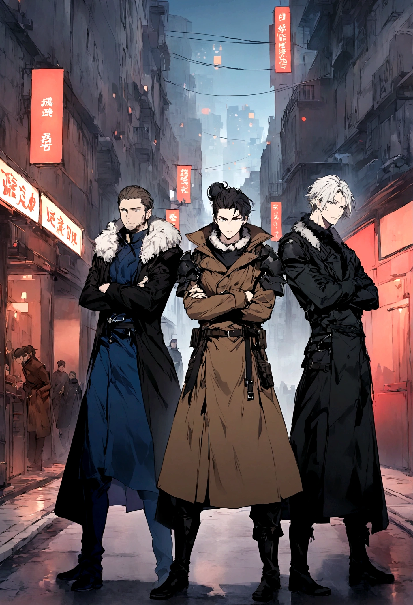 Illustration of three men standing side by side in a winter street setting. All are wearing dark coats with fur-trimmed collars and boots, with a Final Fantasy 15 aesthetic. The man in the middle has an armored pauldron on his shoulder, a brown undercut hairstyle, and green eyes. He is wearing a black coat with a fur-lined collar, and he is a younger man with no facial hair. The man on the left has black hair in a loose man-bun hairstyle, with one eye covered by his hair, and his head is bowed. He has his arms crossed. The man on the right has white hair, a fur-trimmed collar, a serious expression, and some wrinkles. His head is slightly bowed. The characters have realistic clothing with no random artifacting or random buckles, and no random colors. The overall scene exudes a stylish and enigmatic vibe. Add_detail:1, add_detail:0, add_detail:0.5.
