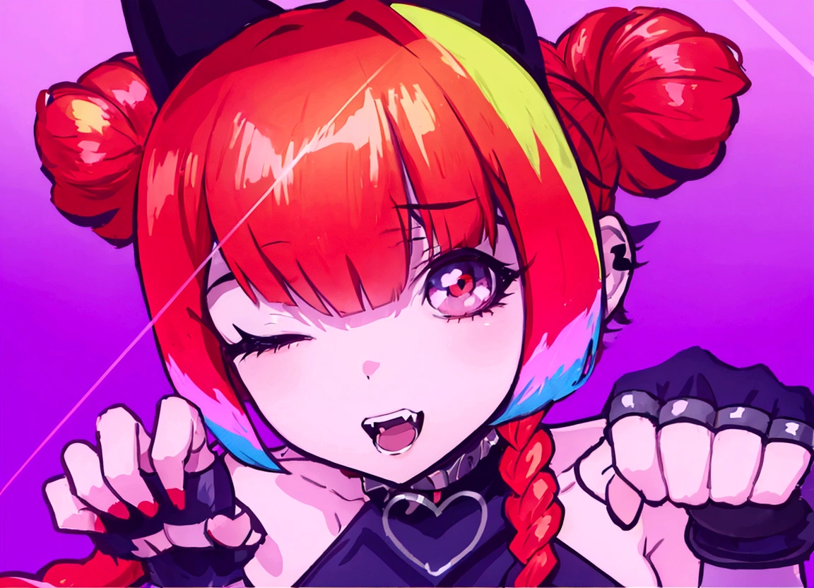 anime girl with red hair and black cat ears with a pink background, ig studios anime style, kda, anime style 4 k, anime style. 8k, anime style portrait, y 2 k cutecore clowncore, anime artstyle, anime art style, anime style artwork, anime style”, anime style illustration, anime styled digital art, anime style digital art