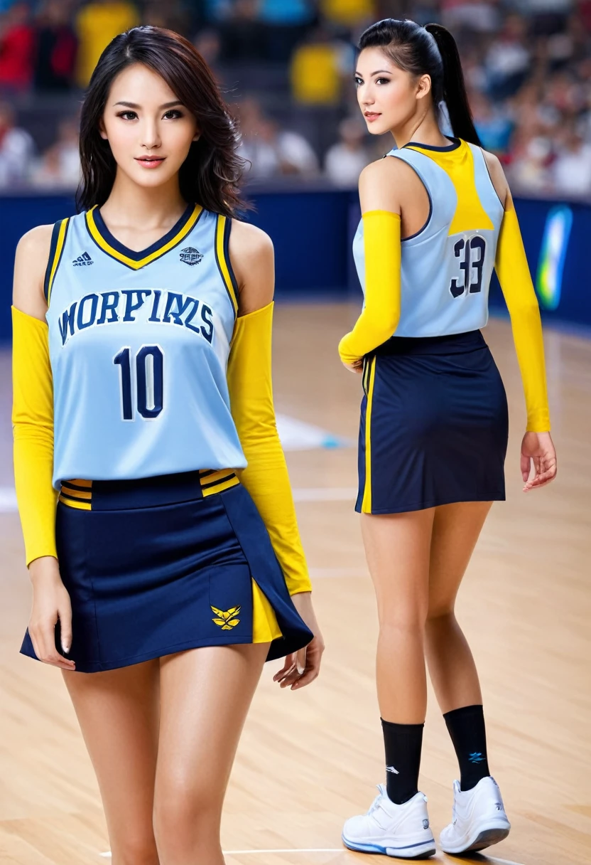 Create a women's uniform in a modern style for a basketball team. The colors must be light blue, navy blue and yellow, there must be a low-cut tank top and a mini skirt.