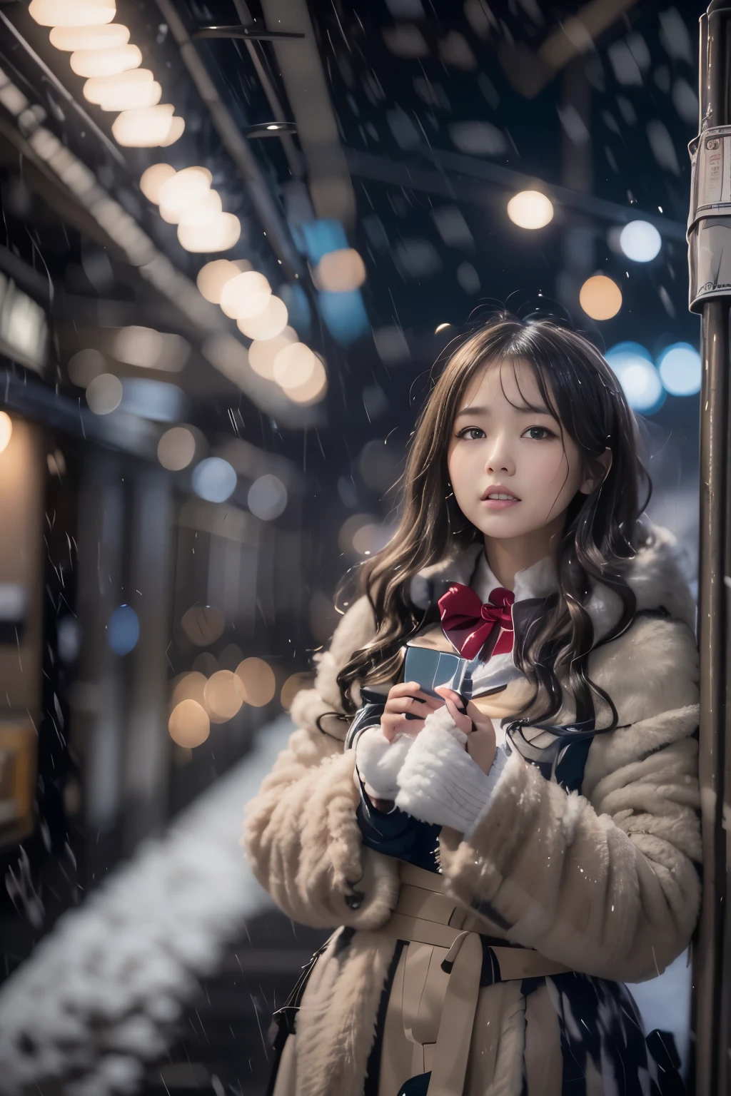 1 Female、Early 20s、(A strong-willed beauty)、(Super beautiful face)、(Detailed face)、Putting on makeup、Wavy brown hair、Christmas snowy night、Standing on the platform of a downtown station、A stopped train is in the background、Shallow depth of field