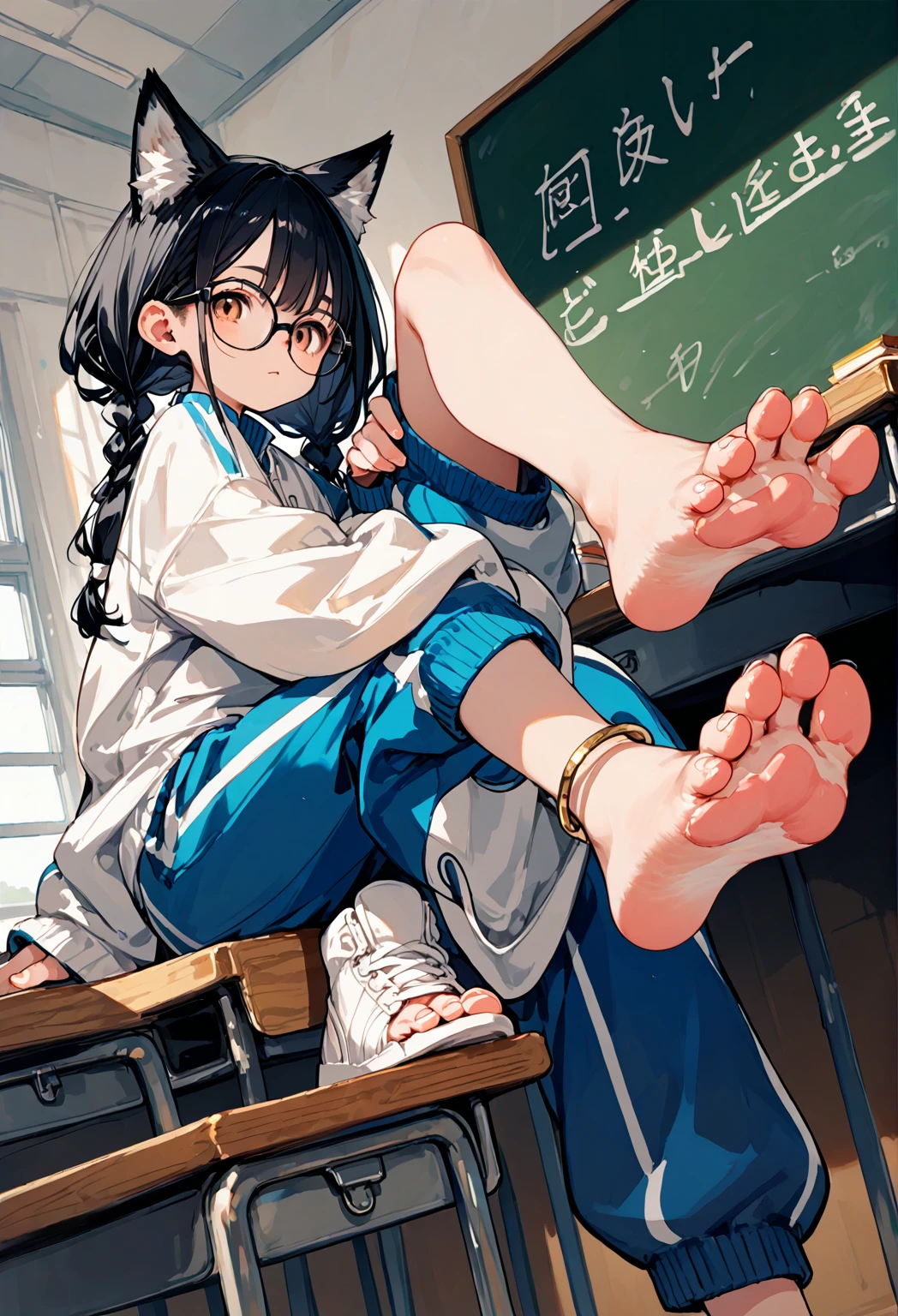 score_9,score_8_up,score_7_up,score_6_up,score_5_up,source_anime,source_furry,solo,black hair,baggy blue and white track suit,baggy blue and white track pants,glasses,black hair,low twin braids, ,desk,sitting on desk,foot up,barefoot,soles,foot focus, furry female, fox girl,paw_sloe,sharp_toenails, pawpads, from below,anklet,bare legs,chalkboard,