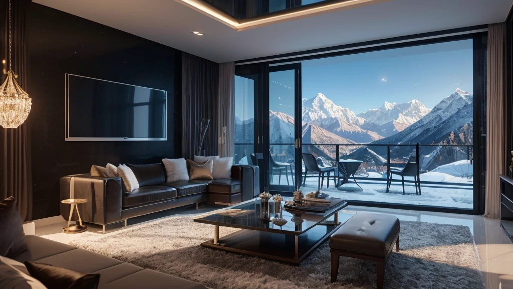 Arav view from the living room，Enjoy the beautiful snowy scenery of the Himalayas, Penthouse, Luxurious environment, Luxurious interior environment, Luxurious HD rendering, vray 8k rendering,  Ambient lighting at night, New black background, V - ray rendering 8 K Ultra HD, Architectural Visualization, Broad cinematic horizons, 8K CG Rendering