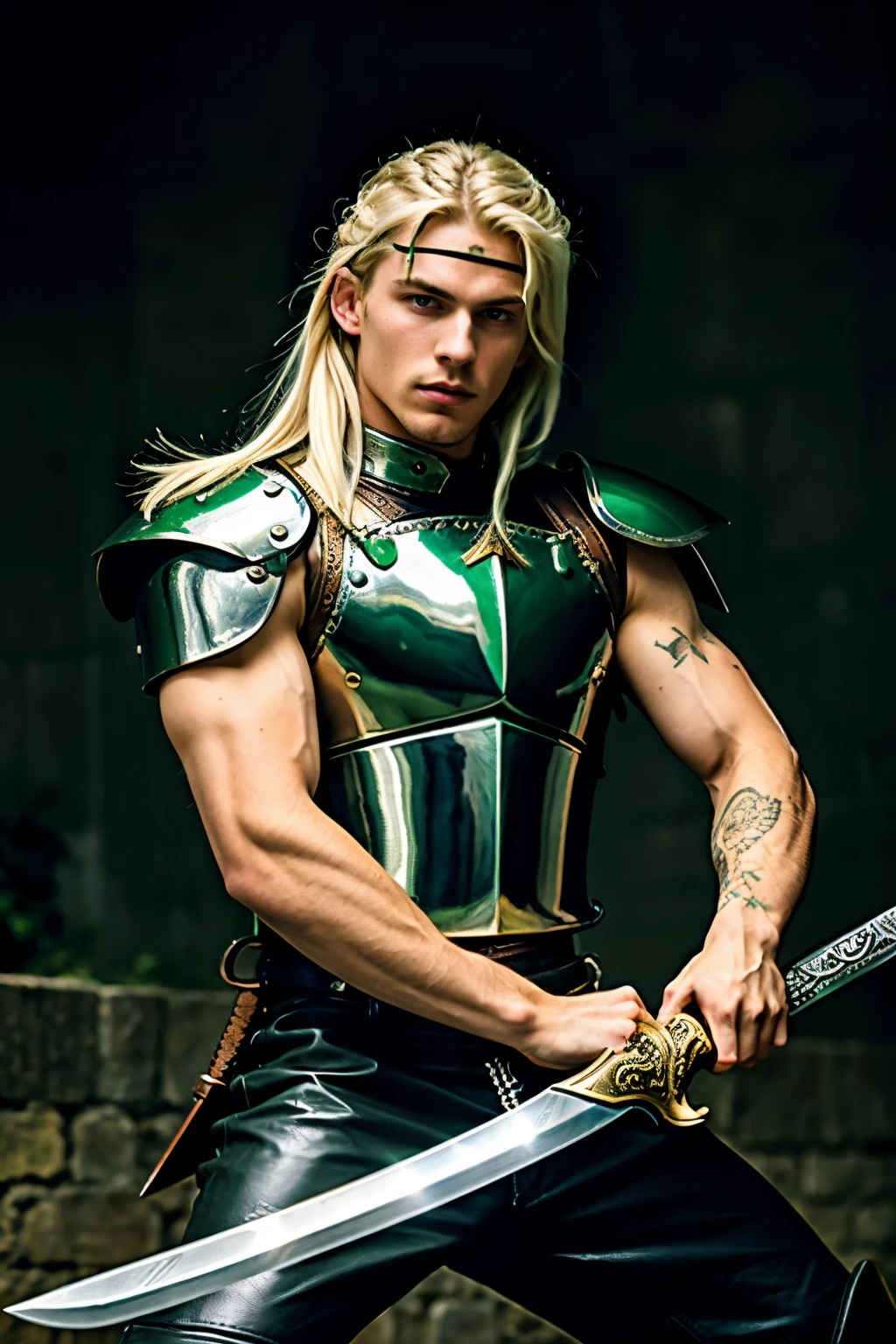 ((best quality)), ((masterpiece)), (detailed), androgynous young man with long platinum blonde hair tied up, a green hair clip, light hazel eyes, lean muscles, wearing leather armor, and with his right arm transformed into a sword blade in an action pose