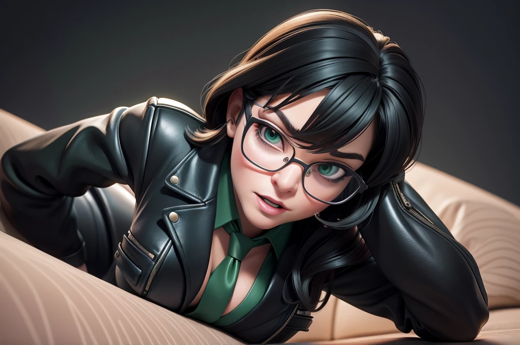 obra prima, melhor qualidade, (lauren boebert 70yo) snarl expression, open mouth, eye winking, black medium length hair, black plastic glasses, pilot outfit, business blouse, necktie, (shiny bright green leather,) studs zippers, shiny leather gloves, body is skinny, laying back against couch cushion, arched back, grabbing cupping, overhead camera view, looking down at me, shallow depth of field, highres, HD, 8k, anatomically correct