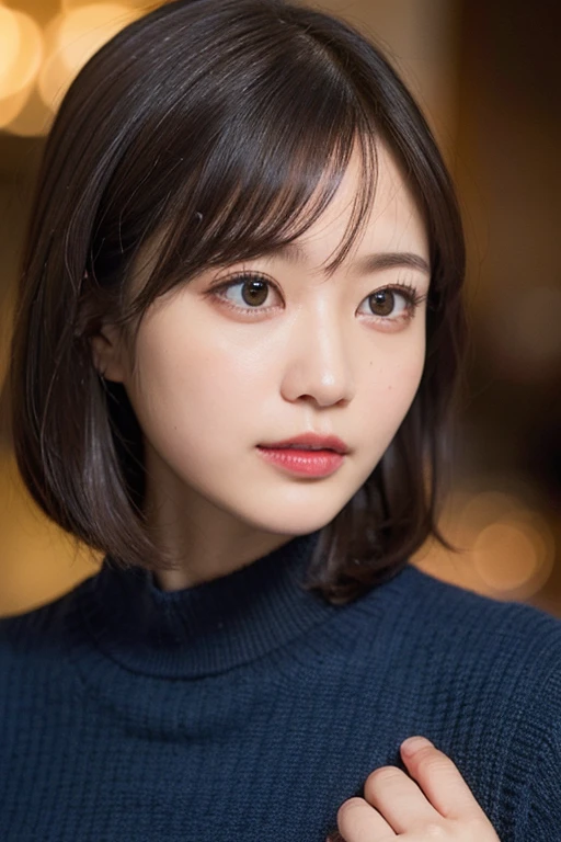 Tabletop, highest quality, (1 Female), Super detailed, In detail, High resolution, 8K quality, Perfect dynamic composition, Beautiful fine details,  Natural Lip, Dark blue knit dress, Very short hair, Abstract, Embarrassment