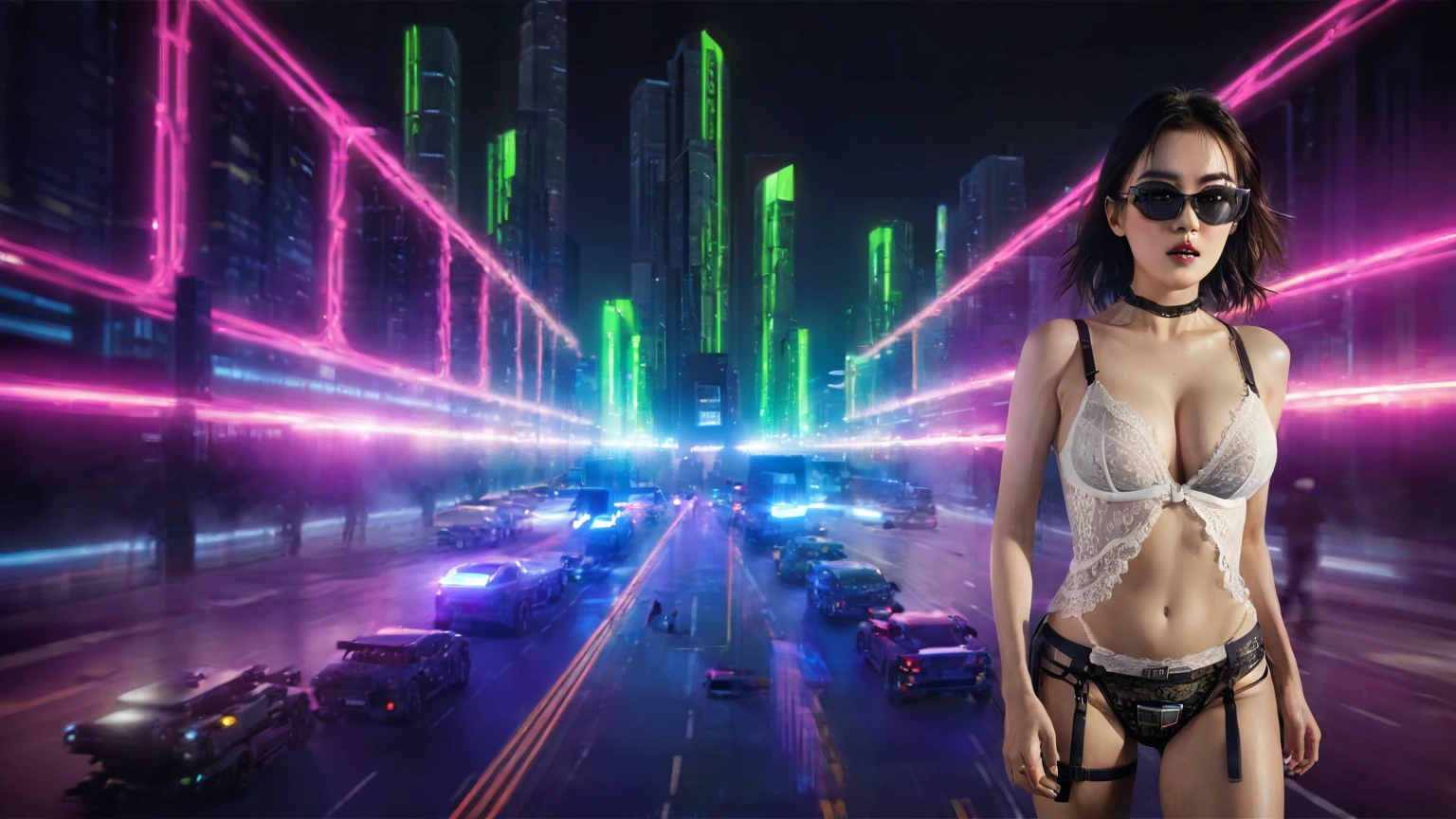 UE 5, computer render, Rendered by Octane, (8K, tmasterpiece), (realistically, Photo degree:1) luminescent concept art, (((((aerial view))))) of Cyberpunk city scene, ((Surreal circuit architecture)), (((((supercars street racing, 1 drone))))). Matrix style, (((((Matrix cascading code))))), (((((a futuristic twin tower skyscraper with a unique twisted design))))), (((((OLED GUI interfaces in the building))))), at night, (((((1girl, solo))))), photo realistic, (((large-breast:1.2 slim body, cleavage))), (((off torn mini sling-shirt and black lace sling bra, extreamly short pleated lace miniskirt exposing panty))), (((((running pose))))), (((((((matrix style black micro sunglasses))))))), ((((((((((aiming with a short gun)))))))))), (((((looking at camera))))), (((very low view))), (((((half-body thigh level medium shot))))), (((cinematic lighting))).