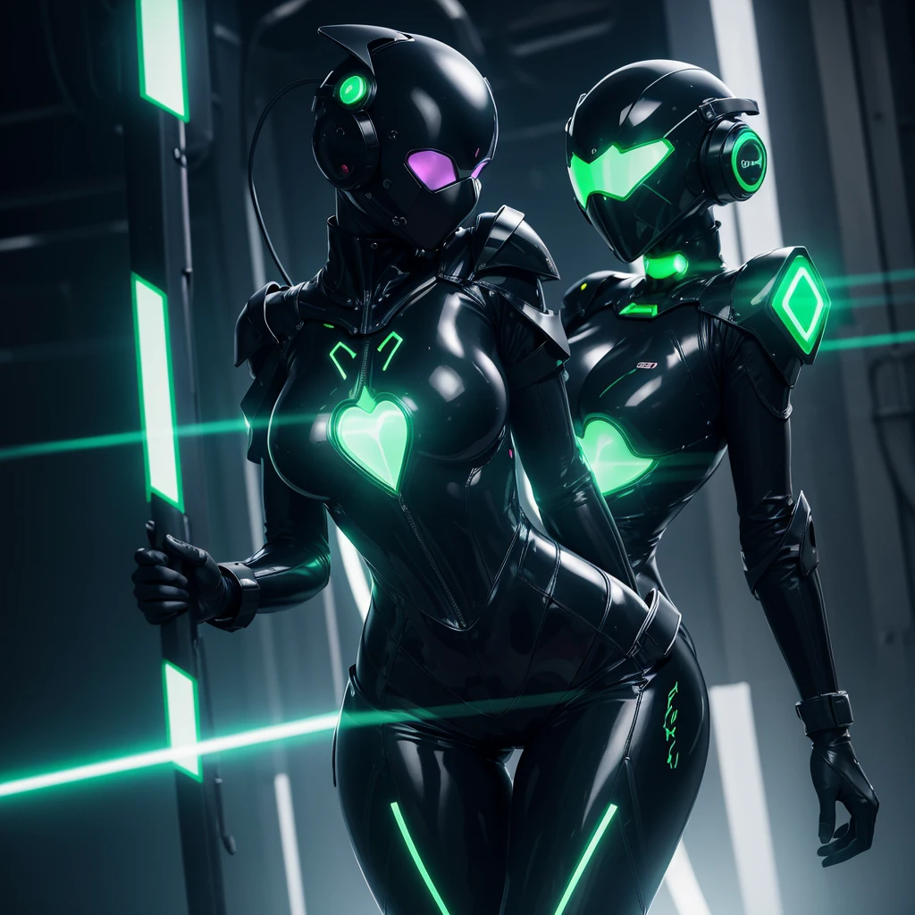 Dronificated unknown woman in a fully enclosed black latex fullbody suit with green lights across the suit and heart shaped glowing core in the chest, fully enclosed cyber helmet that cover her whole face and hides her identity with only two glowing green lines in it's otherwise, empty black face, huge breast, narrow waist, wide hips and thick thigs, in a factory, no face, no hair, no mouth, no eyes