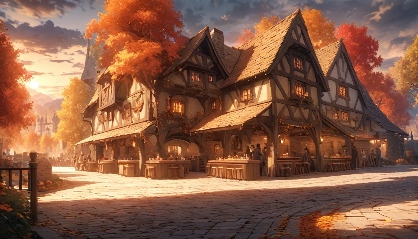 masterpiece, 最high quality, high quality, Very detailed CG 8k wallpaper unit, landscape, Outdoor, Line up, Medieval Tavern, autumn sky, Autumn evening, Autumn and Winter, cloudy day, The big moon shines, Award-winning photography, Depth of written boundary, High Dynamic Range, Flowers, squirt, real, Very detailed, Complex, High detail, dramatic, Art to enjoy on the go,  Art Station Trends, Social trends in CG, Color Difference.