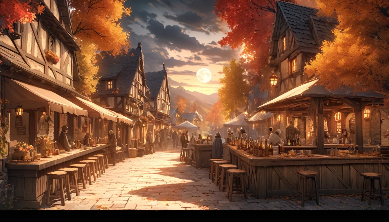 masterpiece, 最high quality, high quality, Very detailed CG 8k wallpaper unit, landscape, Outdoor, Line up, Medieval Tavern, autumn sky, Autumn evening, Autumn and Winter, cloudy day, The big moon shines, Award-winning photography, Depth of written boundary, High Dynamic Range, Flowers, squirt, real, Very detailed, Complex, High detail, dramatic, Art to enjoy on the go,  Art Station Trends, Social trends in CG, Color Difference.