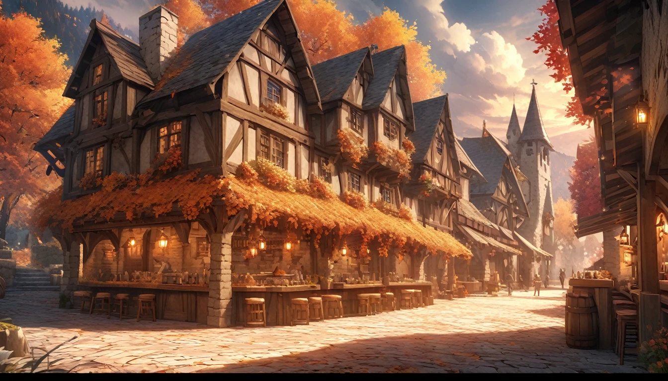 masterpiece, 最high quality, high quality, Very detailed CG 8k wallpaper unit, landscape, Outdoor, Line up, Medieval Tavern, autumn sky, Autumn evening, Autumn and Winter, cloudy day, The big moon shines, Award-winning photography, Depth of written boundary, High Dynamic Range, Flowers, squirt, real, Very detailed, Complex, High detail, dramatic, Art to enjoy on the go, Art Station Trends, Social trends in CG, Color Difference.