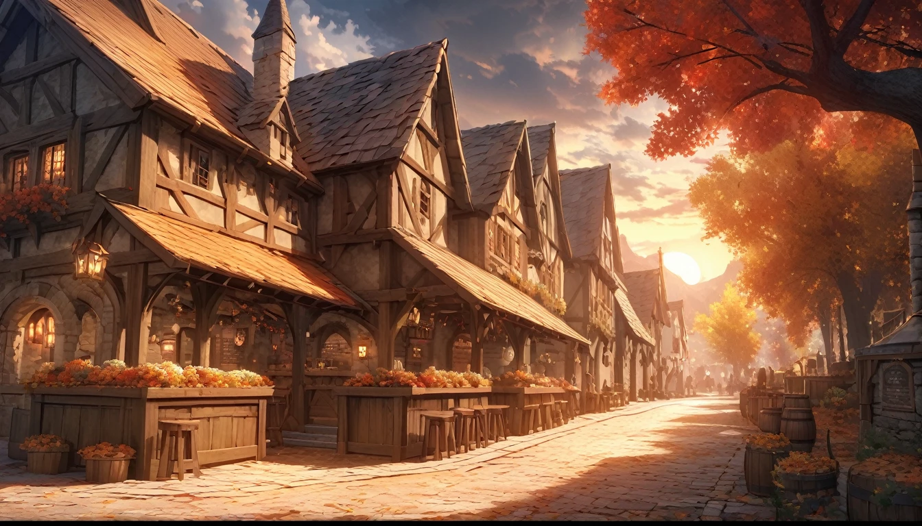 masterpiece, 最high quality, high quality, Very detailed CG 8k wallpaper unit, landscape, Outdoor, Line up, Medieval Tavern, autumn sky, Autumn evening, Autumn and Winter, cloudy day, The big moon shines, Award-winning photography, Depth of written boundary, High Dynamic Range, Flowers, squirt, real, Very detailed, Complex, High detail, dramatic, Art to enjoy on the go, Art Station Trends, Social trends in CG, Color Difference.