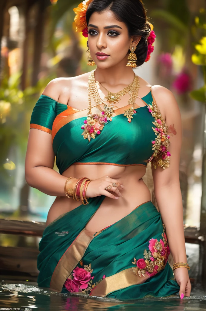 portrait,(NSFW 0.75) boy,woman, ((princess pose)) ,very very big breast, soft nylon sexy saree , orange , pink ,teal,red, yellow colour ,flower design modern light wedding saree, colorful, flower armor, good anatomy, best quality, (((masterpiece))), high quality, realist, best detailed, details, realist skin, skin detailed, underboobs, beautiful posing under a fairy tale of exotic magic,lehenga choli, girl immersed in water , soaked saree, meadows background , bokeh effect , chubby , nipple slip , put milk in breast,off shoulder, strapless blouse, different saree wearing style,(multi chain jewellery blouse),(wearing jewellery on blouse)(buttocks and looking back)(((girl have pot on hip)))((saree fly on air))