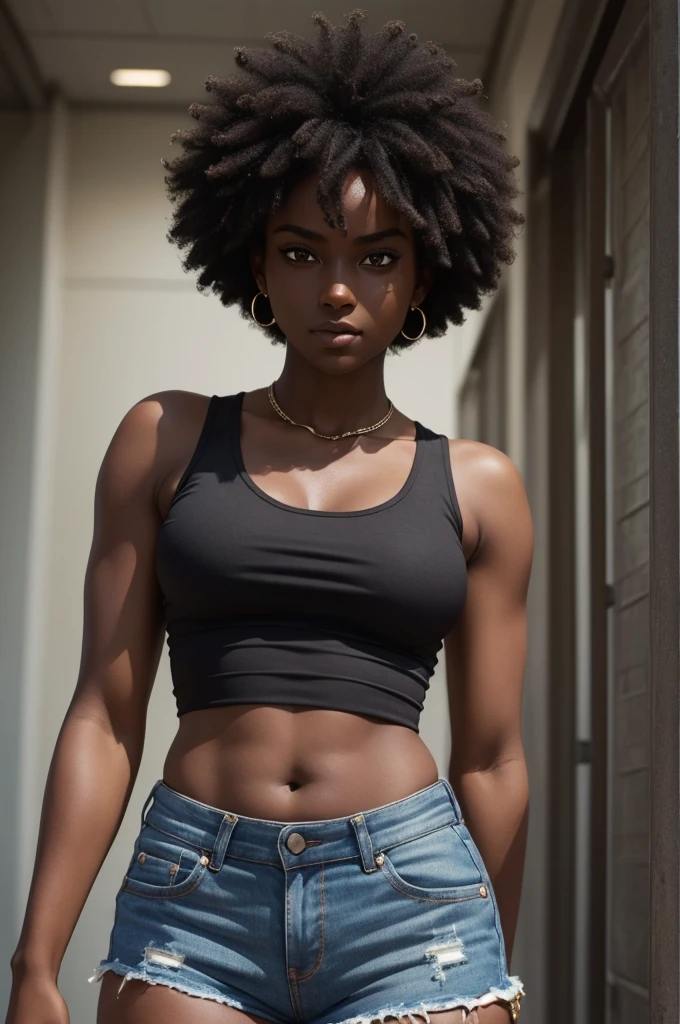 ((Extremely beautiful face)), ((very dark skin)), upper body, ((face focus)), mini tank top, short shorts, slim belly reveal, afro 