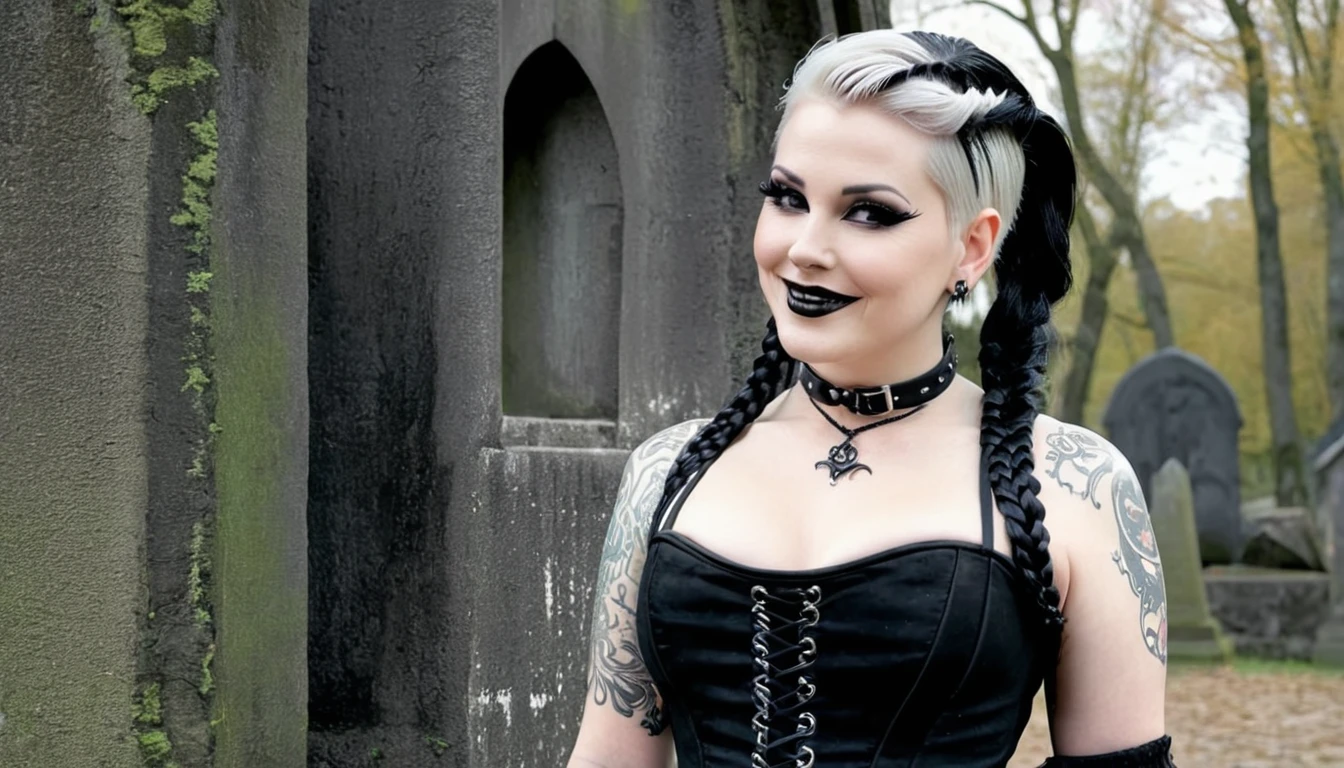 Foto of a (chubby) but muscular scandinavian woman, (Ingrid Mueller) 35 years old, goth girl. blonde hair now black dyed hair ,sidecut and braided hairstyle, nordic tattoos. wearing goth outfit.  black viktorian dress  and corset. goth make-up. smiling.  posing for a foto shooting at a old cementry full body shot. masterpiece 4k high detailed, high quality