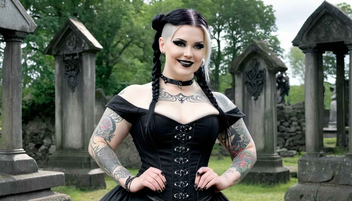 Foto of a (chubby) but muscular scandinavian woman, (Ingrid Mueller) 35 years old, goth girl. blonde hair now black dyed hair ,sidecut and braided hairstyle, nordic tattoos. wearing goth outfit.  black viktorian dress  and corset. goth make-up. smiling.  posing for a foto shooting at a old cementry full body shot. masterpiece 4k high detailed, high quality