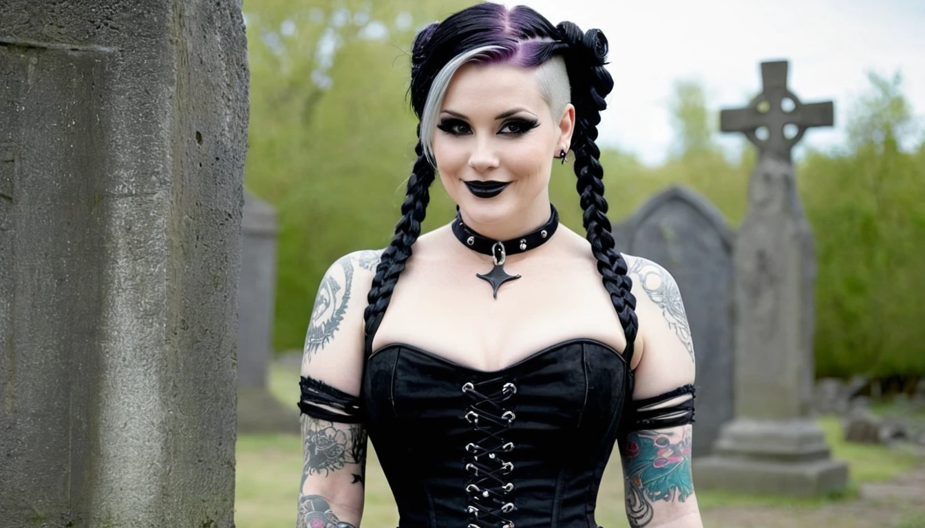 Foto of a (chubby) but muscular scandinavian woman, (Ingrid Mueller) 35 years old, goth girl. blonde hair now black dyed hair ,sidecut and braided hairstyle, nordic tattoos. wearing goth outfit.  black viktorian dress  and corset. goth make-up. smiling.  posing for a foto shooting at a old cementry full body shot. masterpiece 4k high detailed, high quality