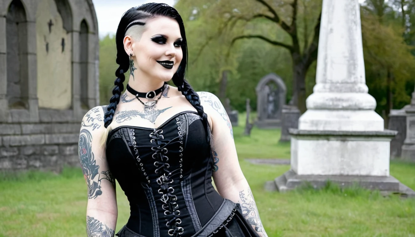 Foto of a (chubby) but muscular scandinavian woman, (Ingrid Mueller) 35 years old, goth girl. blonde hair now black dyed hair ,sidecut and braided hairstyle, nordic tattoos. wearing goth outfit.  black viktorian dress  and corset. goth make-up. smiling.  posing for a foto shooting at a old cementry full body shot. masterpiece 4k high detailed, high quality