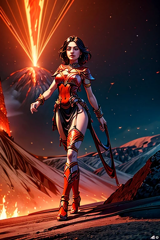 A beautiful woman is walking in the middle of a volcano, she's offering her hand, she's looking like a flame, shining bright, dressed in red with symmetrical designs and arabesques, adorned with bright orange lights, volcano scenario,masterpiece, highly detailed, 3d modelling, 4k resolution, abstract art, digital art, photographic