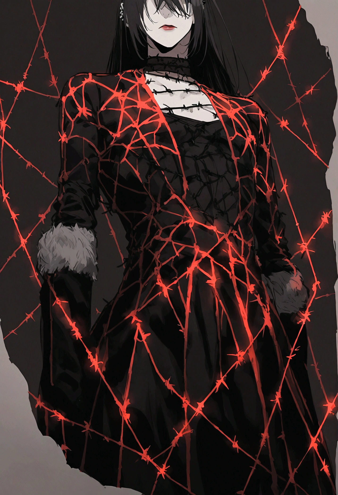 garota and roupas cybersigilism gotica, and (Barbed wire through the body) cabelo preto and pontas branca