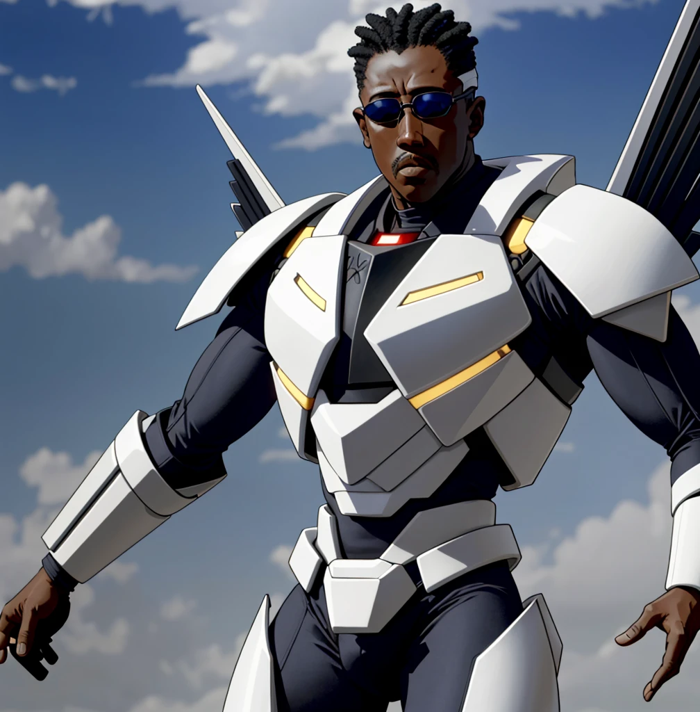 Wesley Snipes as Michael, the Right Hand of the Creator. Co-Leader of the Archangels, A crack squad of futuristic and highly technically advanced warriors. Ancient, but not old. Powerful, IN a white and black winged exo-mecha suit, tight fitting, open faced,
