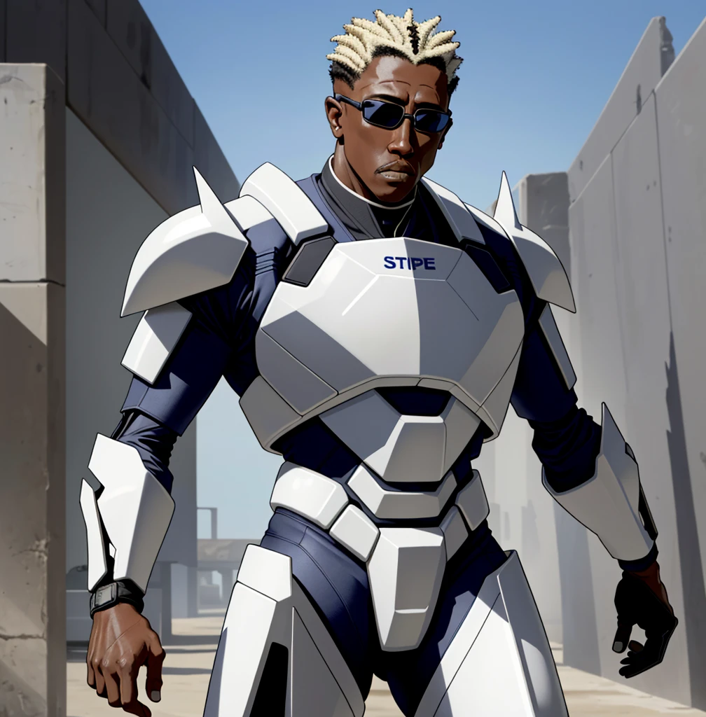 Wesley Snipes as Michael, the Right Hand of the Creator. Co-Leader of the Archangels, A crack squad of futuristic and highly technically advanced warriors. Ancient, but not old. Powerful, IN a white and black winged exo-mecha suit, tight fitting, open faced,
